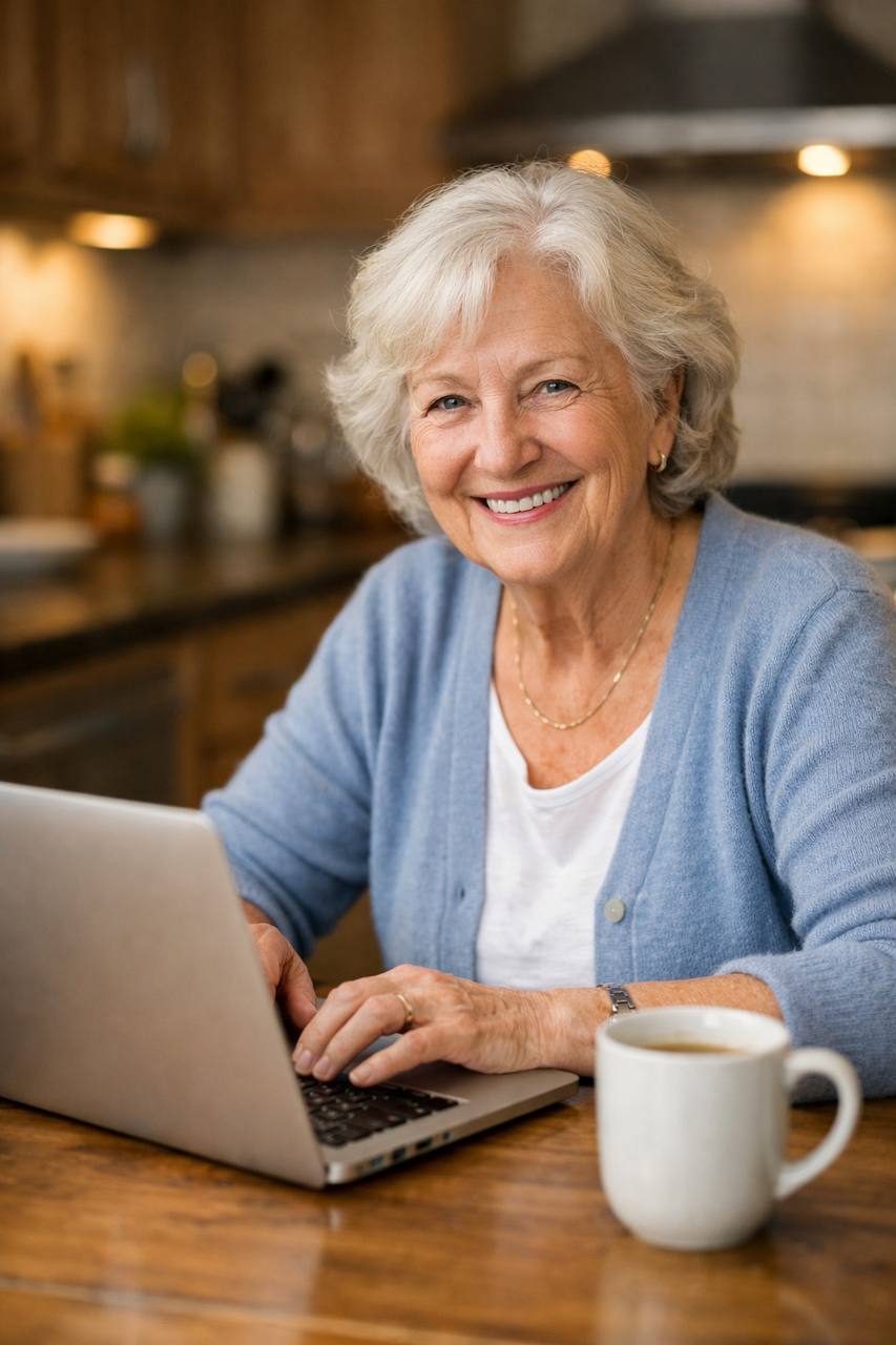 Senior using laptop with confidence
